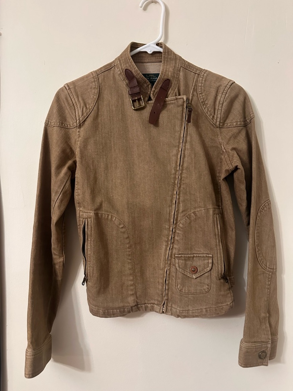 Women’s Ralph Lauren Tan Asymmetrical Zip Jacket with Buckle Collar